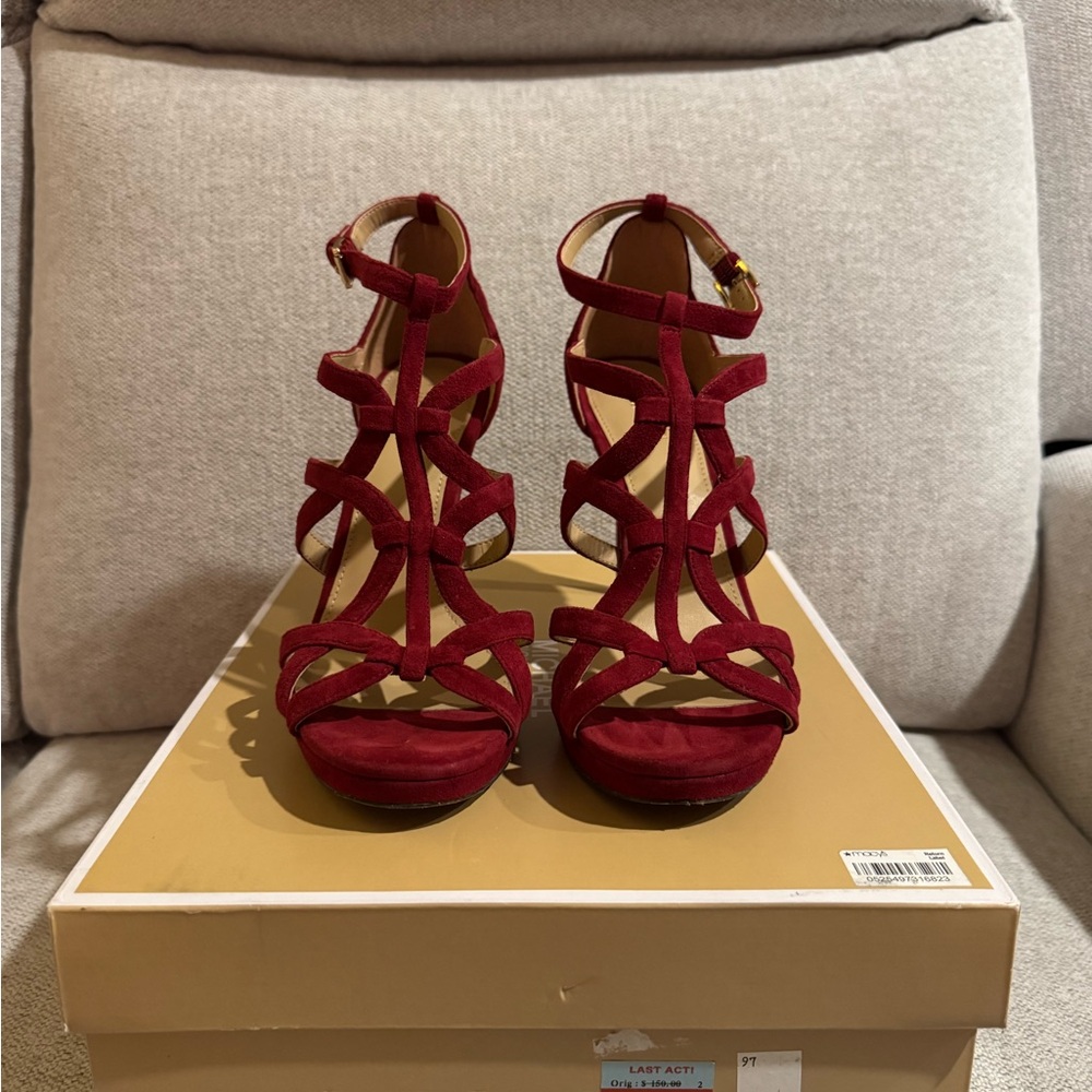 Michael Kors Suede Platform Sandals Heels Maroon Burgundy Size 8M